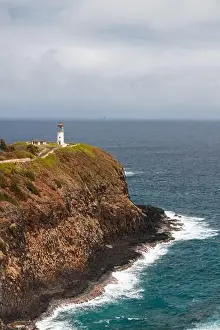 Kauai Prints: Kilauea lighthouse as seen fron Kilauea Point National Wildlife Refuge with coastline in background (Kauai)