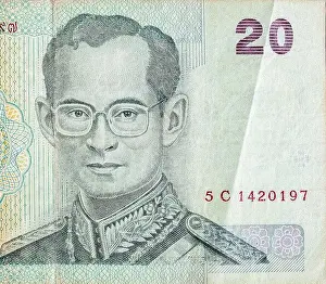 Aspiration Prints: King Bhumibol Adulyadej on 20 Baht Thailand money bill close up