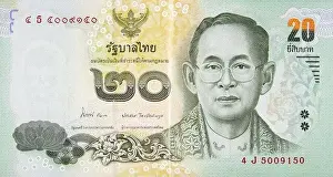 Aspiration Prints: King Bhumibol Adulyadej on 20 Baht Thailand money bill close up