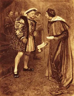 1500s Prints: King Henry VIII dismisses Cardinal Wolsey after he fails to secure his divorce from Katherine of Aragon