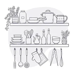 Saucepan Prints: Kitchen supplies on shelves. Two shelves and hangers with plates