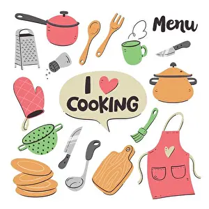 Saucepan Prints: Kitchen tools and appliances. Cute illustration with isolated cooking objects in vector format