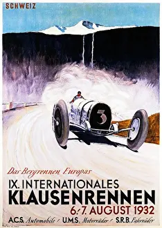 Klausenrennen Motor Race 1932 poster for the famous Swiss mountain motor race showing a Bugatti in full flight