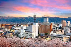 Sea Prints: Kofu, Japan city skyline with Mt. Fuji at dusk during spring season