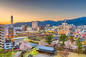 Cherry Trees Prints: Kofu, Yamanashi, Japan downtown cityscape at dusk with spring foliage