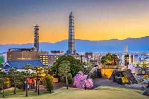 Kofu, Yamanashi, Japan downtown cityscape and monument tower