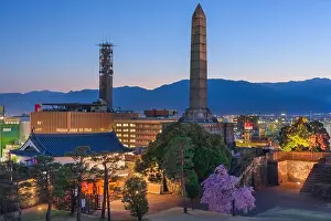 Kofu, Yamanashi, Japan downtown cityscape and monument tower