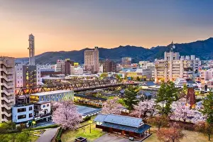 Kofu, Yamanashi, Japan downtown cityscape in springtime at dusk