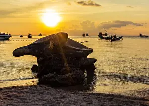 Amazing Nature Prints: Koh Tao, Thailand: April 23 2019: island village sea turtle statue at beach coastline