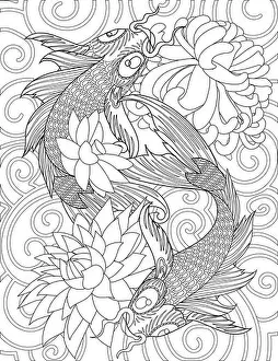 Indigenous Culture Prints: Two Koi Fish Swimming Around Lotus Flowers Colorless Line Drawing