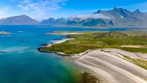 Lofoten Islands Prints: Kolbeinsanden Beach, Lofoten serene beach nestled within a dramatic fjord landscape in Norway