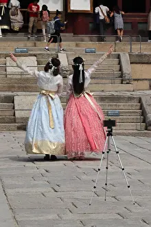 Girlfriends Prints: Two Korean teenage girls, dressed in the colorful traditional hanbok dresses