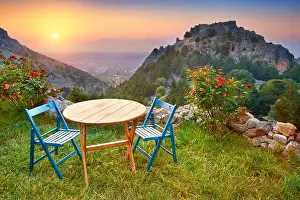 Kos Island, Greece, sunset landscape view from Old Pili village tavern