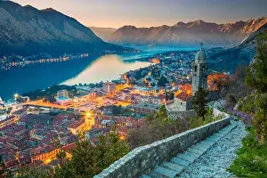 Stone Material Prints: Kotor, Montenegro. Beautiful romantic old town of Kotor during sunset