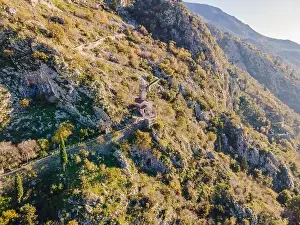 Kotor Prints: Kotor Old Town Ladder of Kotor Fortress Hiking Trail. Aerial drone view