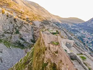 Adriatic Coast Prints: Kotor Old Town Ladder of Kotor Fortress Hiking Trail. Aerial drone view