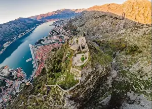 Kotor Prints: Kotor Old Town Ladder of Kotor Fortress Hiking Trail. Aerial drone view