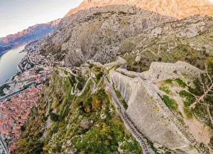 Kotor Prints: Kotor Old Town Ladder of Kotor Fortress Hiking Trail. Aerial drone view