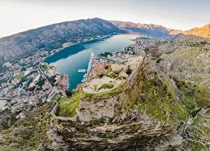 Adriatic Coast Prints: Kotor Old Town Ladder of Kotor Fortress Hiking Trail. Aerial drone view