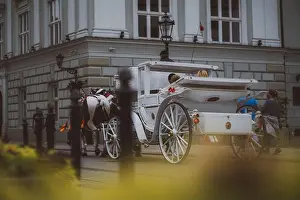Old Europe Prints: Krakow Poland September 2021 Rear view of a white carriage being pulled by two horses in poland