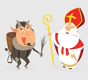 Claw Prints: Krampus and Saint Nicholas - cartoon style isolated - vector illustration