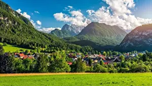 Julian Alps Prints: Kranjska Gora town in Slovenia at summer with beautiful nature and mountains in the background
