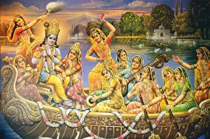 Auspicious Prints: Krishna Radha, Lord Krishna with Radha in a boat playing musical instrument flute