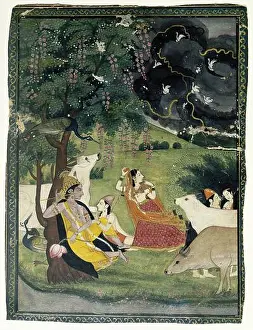 Kneeling Prints: Krishna and Radha under a Tree in a Storm