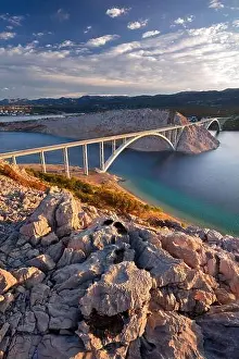 Krk Bridge, Croatia. Image of Krk Bridge which connects the Croatian island of Krk with the mainland at beautiful summer sunrise