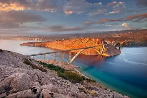 Krk Bridge, Croatia. Image of Krk Bridge which connects the Croatian island of Krk with the mainland at beautiful summer sunset