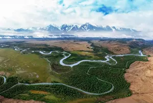 Altay Prints: Kurai steppe and Chuya river on North-Chui ridge background