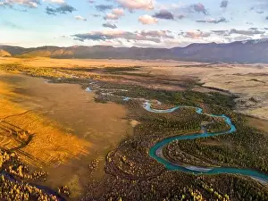 Altay Prints: Kurai steppe and Chuya river on North-Chui ridge background