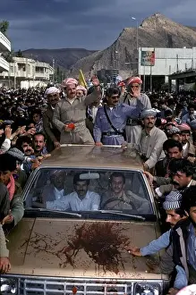 Steering Wheel Prints: KURDISTAN, NORTHER IRAQ: MASOUD BARZANI DRIVES THROUGH THE STREETS OF DAHUK ON HIS FIRST EVER VISIT TO THE TOWN