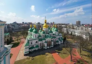 Kyiv, Ukraine - April 1, 2020: Saint Sophia's Cathedral, Kyiv. View from drone