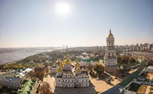 Dnipro Prints: Kyiv, Ukraine - October 6, 2021: Kyiv Pechersk Lavra in Kyiv. View from drone