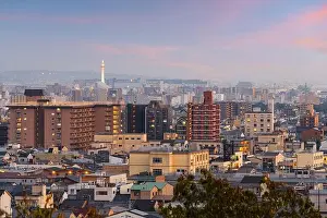 Ward Prints: Kyoto, Japan modern downtown city skyline at dusk with the tower in the distance