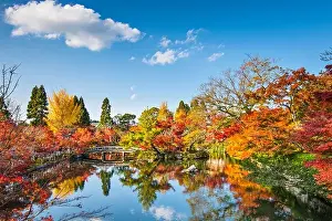 Shinto Prints: Kyoto, Japan at the pond and bridge of Eikando Temple in the Autumn