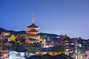 Kyoto, Japan rooftop cityscape in Higashiyama historic district at night