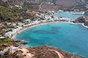 Kythira island, Greece. Aerial drone view of Kapsali twin bay coast, beach and village. Sunny summer day