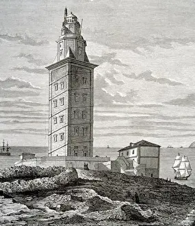 Coruna Prints: LA CORUÑA. LA TORRE DE HERCULES. GRABADO DEL MUSEO UNIVERSAL, SIGLO XIX