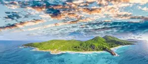 La Digue, Seychelles Island. Amazing aerial view of beach and ocean from a drone