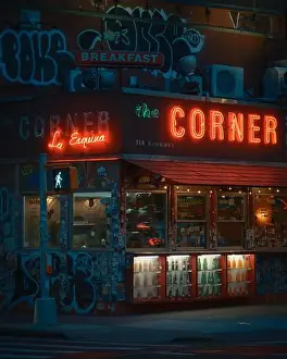 La Esquina The Corner neon signs at night in Soho, Manhattan, New York