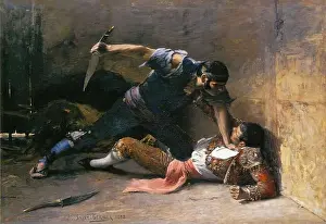 Bayonne Prints: La Navaja (1888) by Joseph Saint-Germier depicts a dramatic scene of a death fight using traditional Spanish Navaja