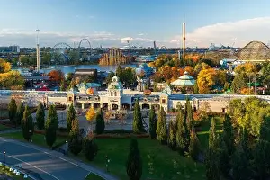 Carousel Prints: La Ronde ( The Round ) amusement park main entrance during the Halloween event on sunset time