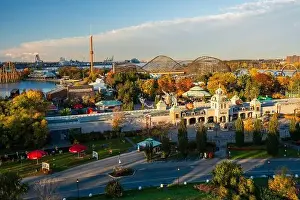 La Ronde ( The Round ) amusement park main entrance during the Halloween event on sunset time. Montreal, Quebec, Canada
