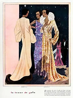 La Tenue De Gala, 1930s French fashion magazine illustration, long elegant evening gowns by Lenief