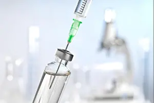 Hygienic Prints: Laboratory scene with syringe, medicine and microscope