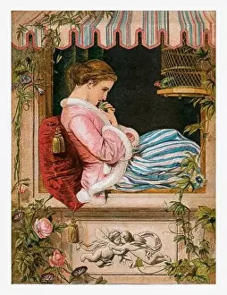 Spring Time Prints: Lady holding a little bird. Seasonal illustration of The illustrated London Almanack (1845 to 1895)