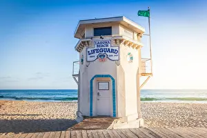Lifeguard Prints: Laguna Beach lifeguard tower in sunset light