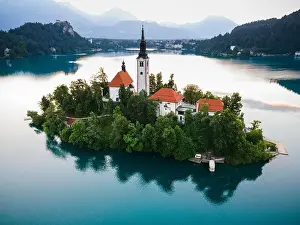 Bled Prints: Lake Bled in Slovenia with Church on Island and Bled Castle Drone View